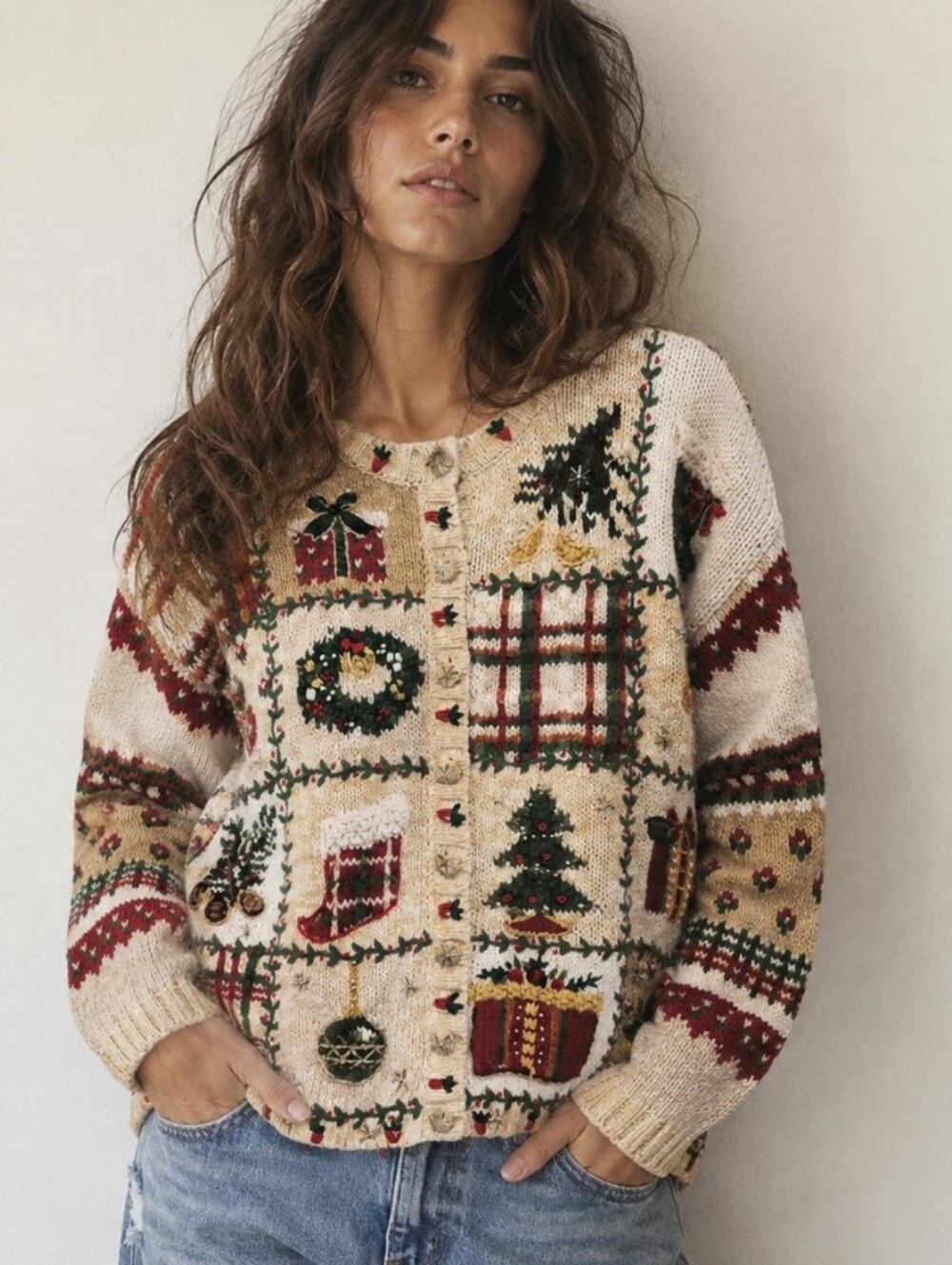 Vtg Tiara International Christmas Cardigan Sweater Beaded Embroidered Sz L